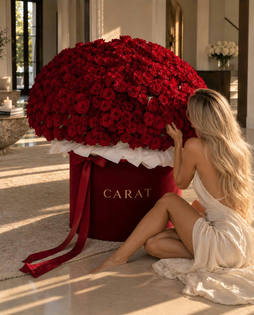 Ruby — red roses in a burgundy velvet box