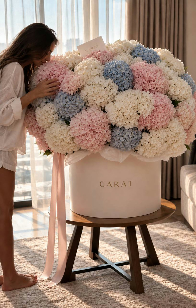 Sapphire — cream, blue and lilac hydrangea in a cream box